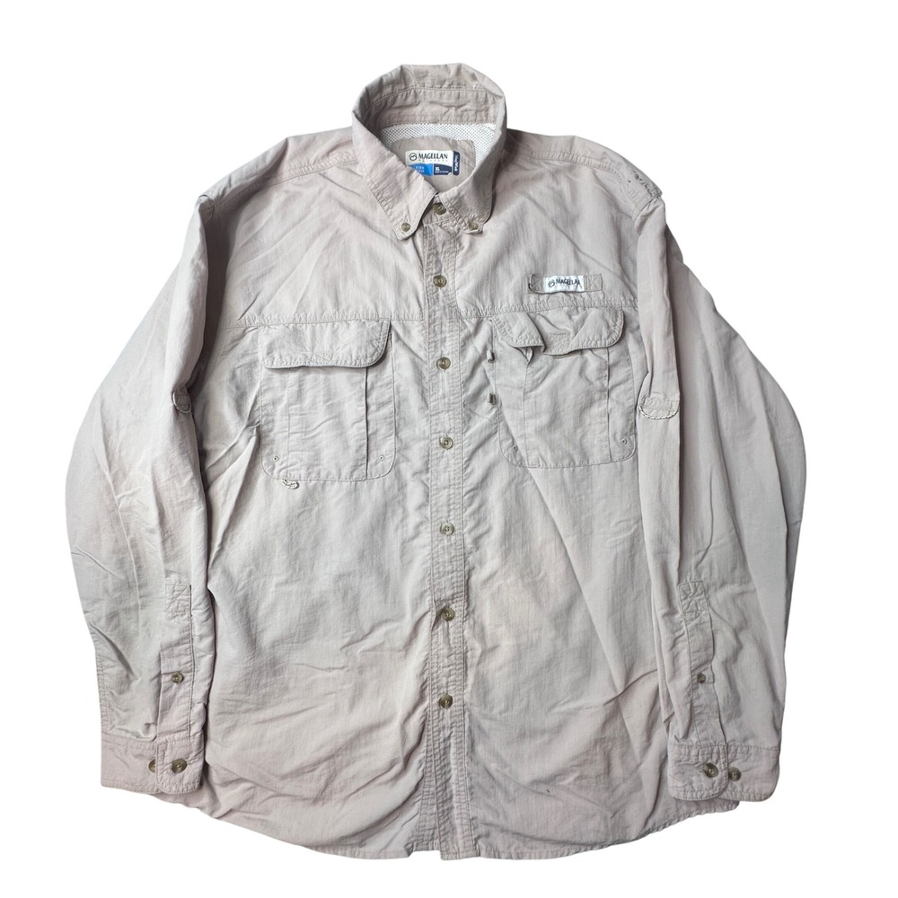 Magellan Fishing Shirt Men XL Tan Fish Gear MagWick Vented Long Sleeve Button Up